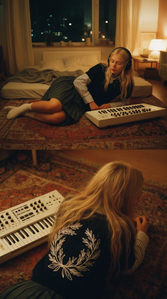 A two-panel cinematic film still of a young blonde woman lounging on a patterned vintage rug in an amber-lit apartment, accompanied by a white synthesizer. The top frame shows her resting on her side, wearing black over-ear headphones, a dark top over a striped shirt, a pleated skirt, and white socks. Behind her sits a low floor mattress with a rumpled gray blanket, framed by a dark night cityscape seen through a window and a glowing bedside lamp. The bottom frame presents a reverse over-the-shoulder angle of her lying on her stomach, emphasizing her long cascading hair and a large white botanical wreath design embroidered on the back of her shirt. Both panels share warm lighting, soft focus, deep shadows, and visible analog film grain to build an intimate, nostalgic lo-fi aesthetic.