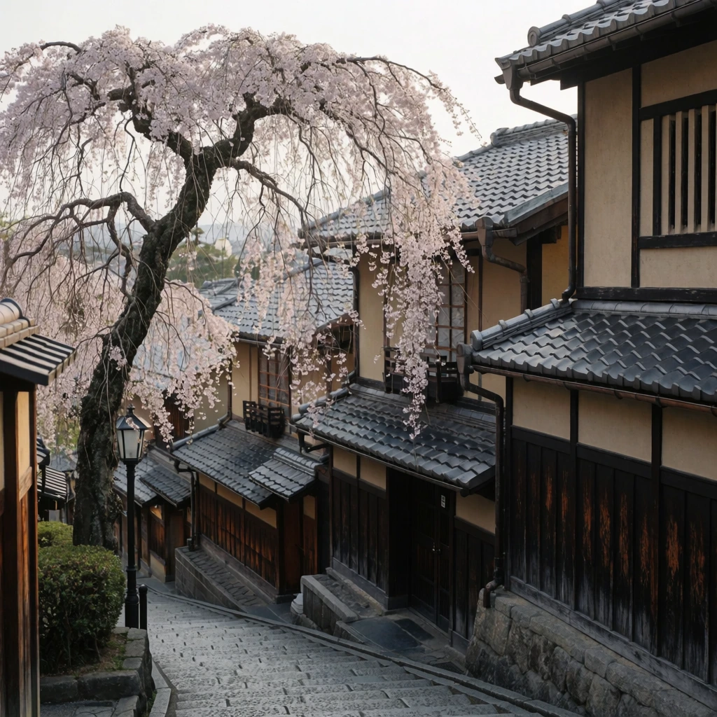 descending historic Japanese street, gnarled weeping cherry tree draped in pale pink blossoms, stepped stone stairway, traditional architecture featuring cream stucco walls and dark timber framing, cascading black clay tile roofs, soft overcast daylight, muted earthy palette contrasting with delicate floral pinks, architectural street photography