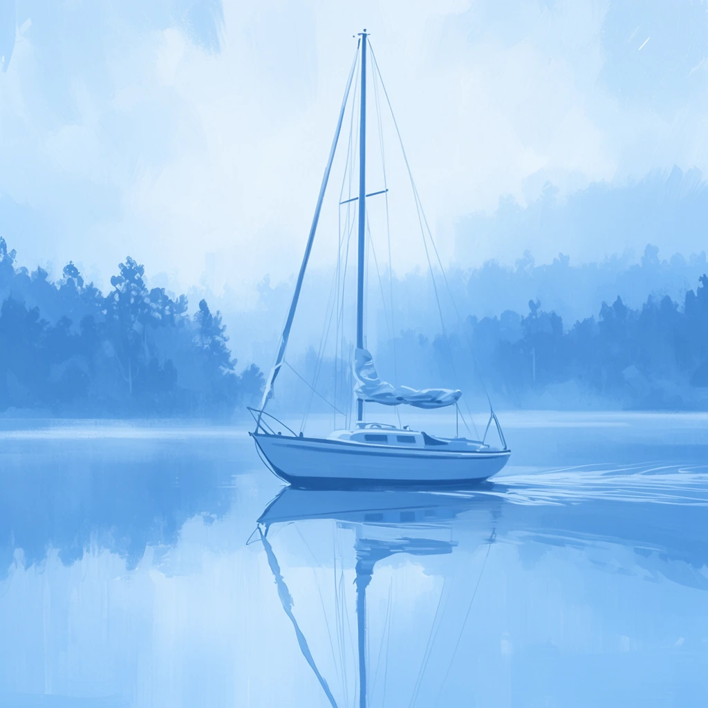 A serene, monochromatic digital painting of a sailboat floating on a calm, glass-like body of water. The sailboat is positioned in the center, with its tall mast and furled sails reflecting perfectly on the water's surface. Gentle ripples trail behind the boat. The background features a silhouette of a dense forest lining the shore, shrouded in a soft, misty atmosphere. The entire scene is rendered in varying shades of light and medium blue, creating a tranquil and ethereal mood with visible brushstrokes adding texture to the sky and water.