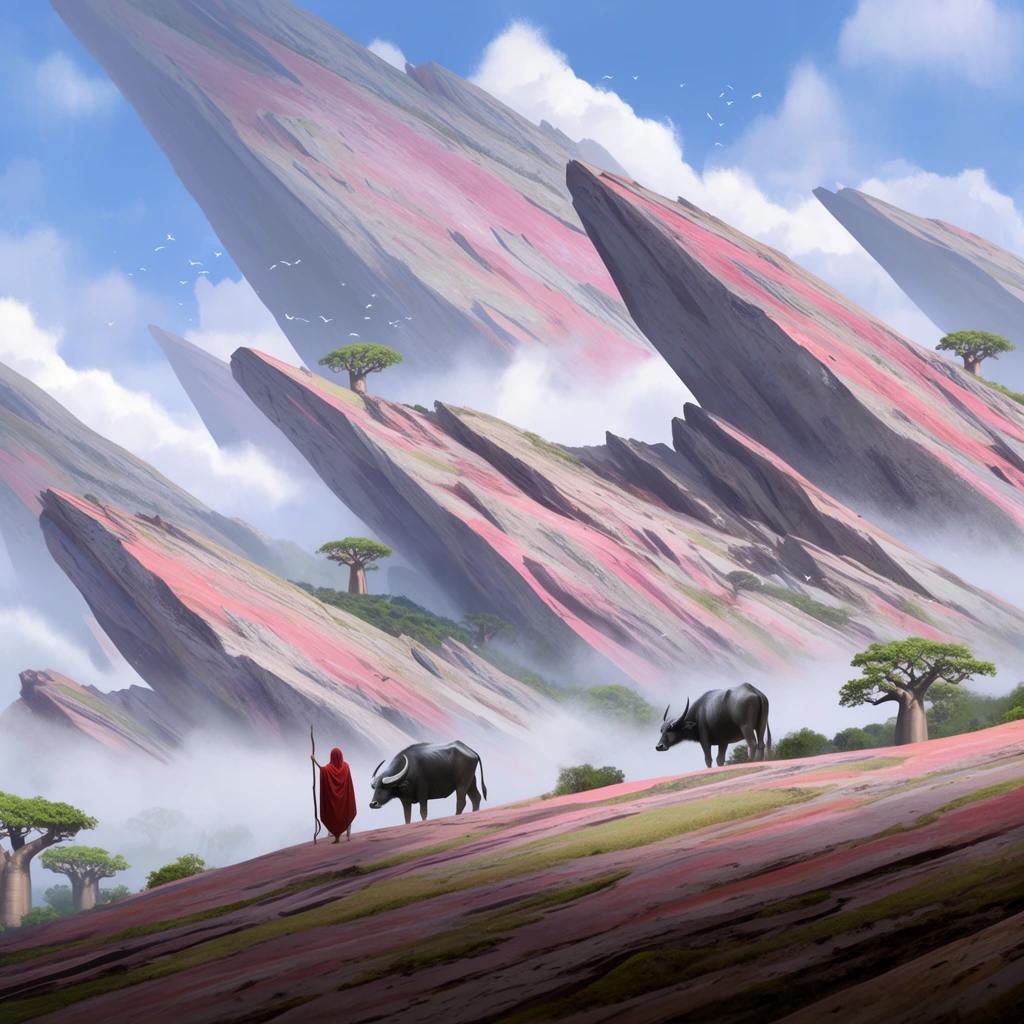 figure in a red cloak holding a staff beside two water buffalo on a high ridge, massive jagged rock formations with pink and grey striations, scattered green baobab trees, thick white fog rolling between slanted peaks, small birds flying in a bright blue sky with fluffy clouds, sweeping panoramic fantasy landscape, atmospheric digital matte painting