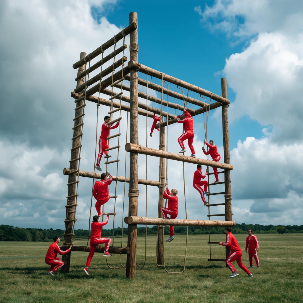 towering wooden log obstacle course with ladders and hanging ropes, athletes in bright red tracksuits climbing the structure, expansive grassy field, blue sky with large clouds, wide cinematic shot