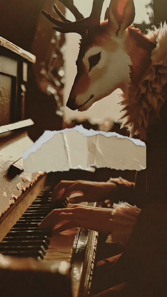 close-up of a humanoid creature with a deer head and fur ruff playing a vintage piano, dark academia aesthetic, moody sepia and burnt sienna tones, soft golden light, film grain, shallow depth of field, centered overlay of a torn piece of weathered cream paper with serif typography, rich textures of worn wood and organic fur, intimate and melancholic composition, captured in the style of an aged 35mm photograph, nostalgic and evocative vibe