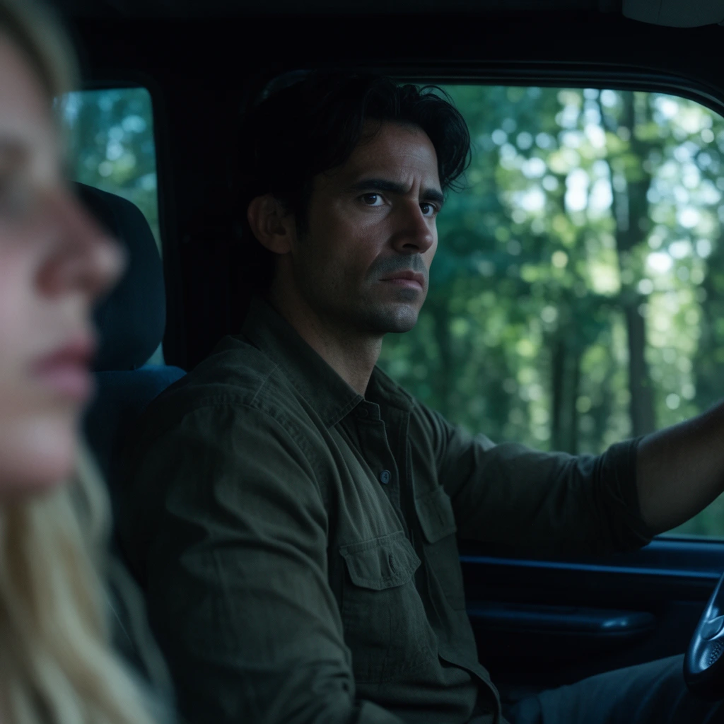 A dark-haired man in an olive shirt drives a vehicle through a wooded area. He grips the steering wheel on the right, his face serious and illuminated by cool cinematic lighting. An out-of-focus blonde person in the extreme left foreground creates strong depth of field. Dark interior shadows contrast with bright green trees visible through the windows.