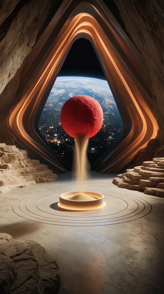 surreal futuristic cavern, floating textured red sphere pouring falling sand into a small glowing circular basin, smooth stone floor etched with concentric rings, rugged stepped rock formations on sides, background tunnel of warm-glowing angular arches framing Earth at night with city lights, photorealistic 3D render, cinematic lighting