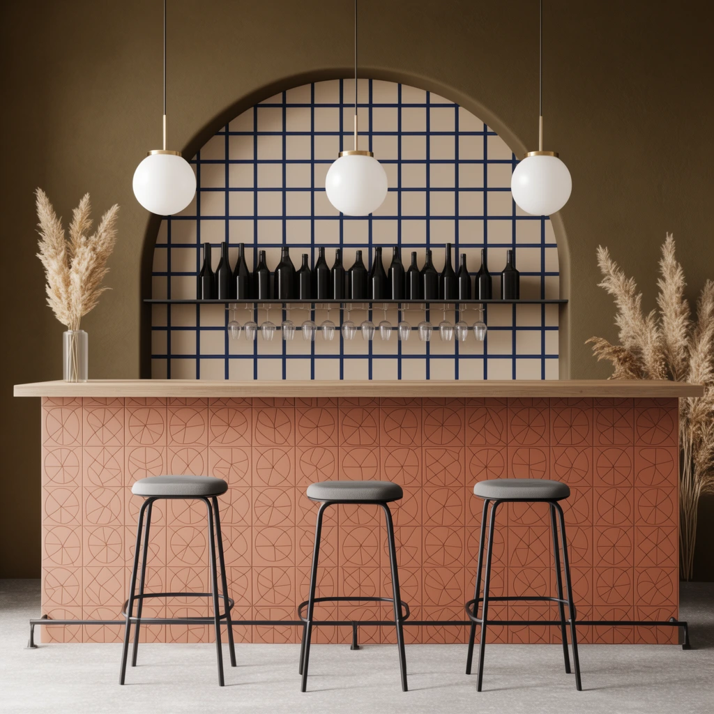 modern bar interior, terracotta geometric patterned counter, three symmetrical black metal stools with grey seats, arched alcove backdrop with beige tiles and navy blue grid, shelf displaying dark bottles and hanging wine glasses, three white globe pendant lights with brass accents, earthy olive-brown walls, dried pampas grass, contemporary architectural rendering, warm diffuse lighting