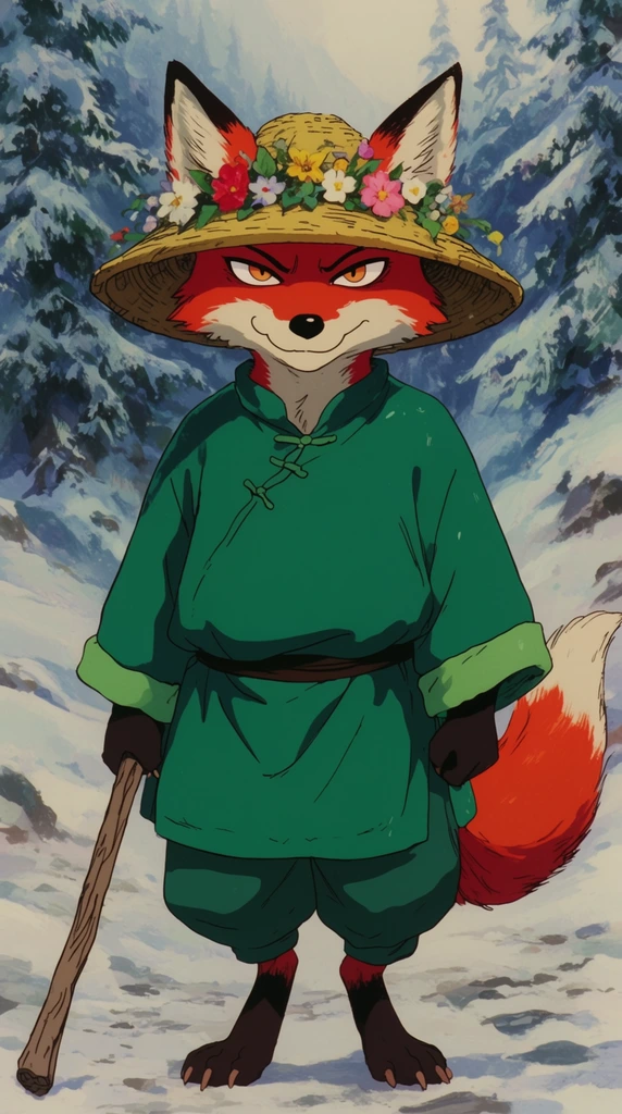 An anthropomorphic red fox in an emerald green tunic and floral straw hat faces forward on a snowy mountain path, holding a wooden staff. The character features a sly smirk and piercing amber eyes, rendered in a 1990s cel-shaded anime style with a painterly frosted pine background and soft atmospheric lighting.