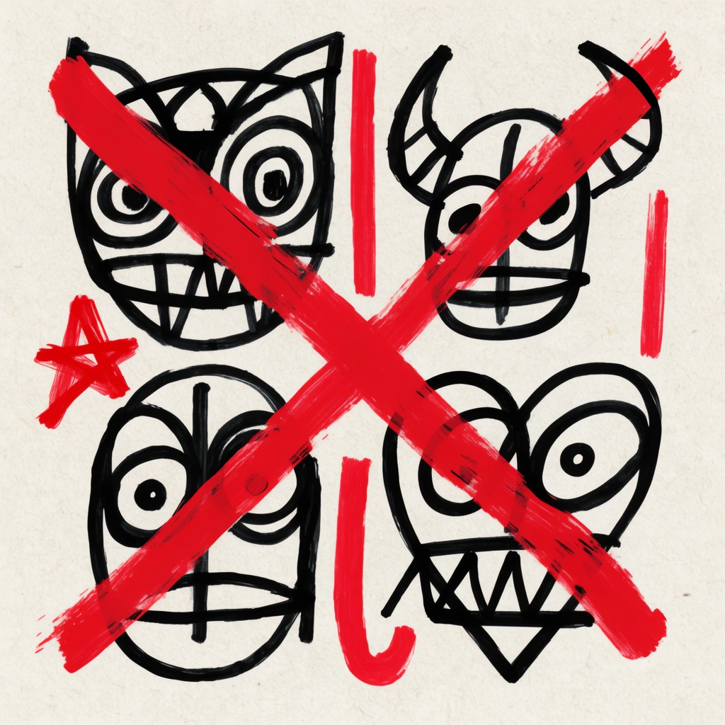Abstract black marker doodle faces are arranged in a grid on textured beige paper. Top left is an owl-like face; top right has curving horns; bottom left is rounded; bottom right features a heart-shaped head with zigzag teeth. Two thick red diagonal brushstrokes intersect across the center, obscuring the black linework. Red accents include a rough star, a curved hook, and two vertical lines. The style is raw, expressive street-art.
