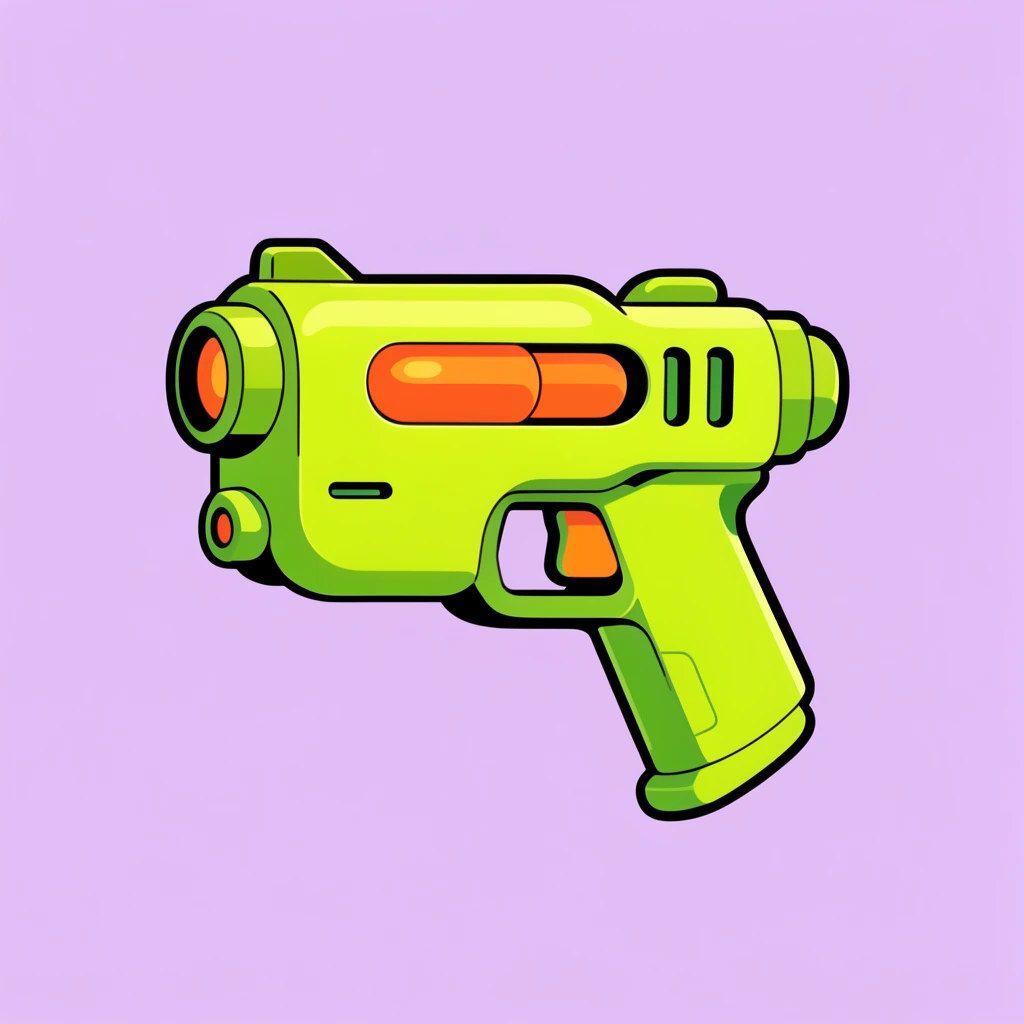 vibrant neon green and orange futuristic laser pistol, smooth rounded edges, thick black outlines, cell-shaded vector illustration, flat pastel purple background