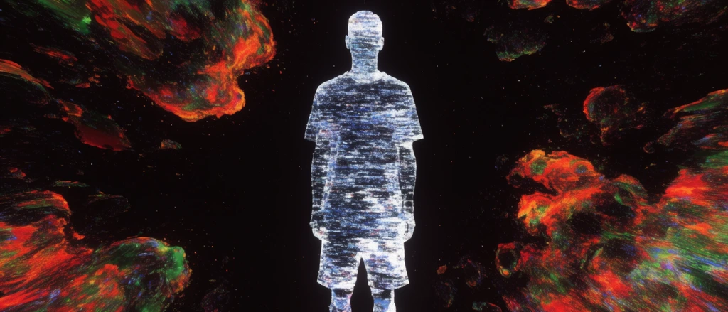 A surreal glitch-art silhouette of a standing human filled with glowing white and blue static texture, forming the shape of a t-shirt and shorts. The figure stands centered against a deep black cosmic void scattered with vibrant, distorted nebula clusters in fiery red, orange, and green.