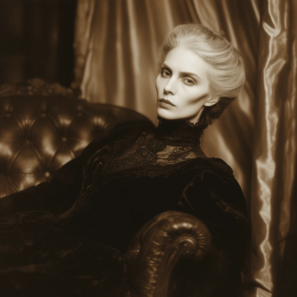 A pale aristocratic woman with an intense gaze rests against a tufted leather armchair in a vintage sepia-toned portrait. She features sharp cheekbones, swept-up silver hair, and a dark velvet Victorian gown with a high lace collar. Reclining slightly, she locks eyes with the viewer. Shimmering silk curtains blur into warm background shadows. The classic monochromatic photography style uses dramatic cinematic lighting to highlight her stark face against the dim, moody environment.