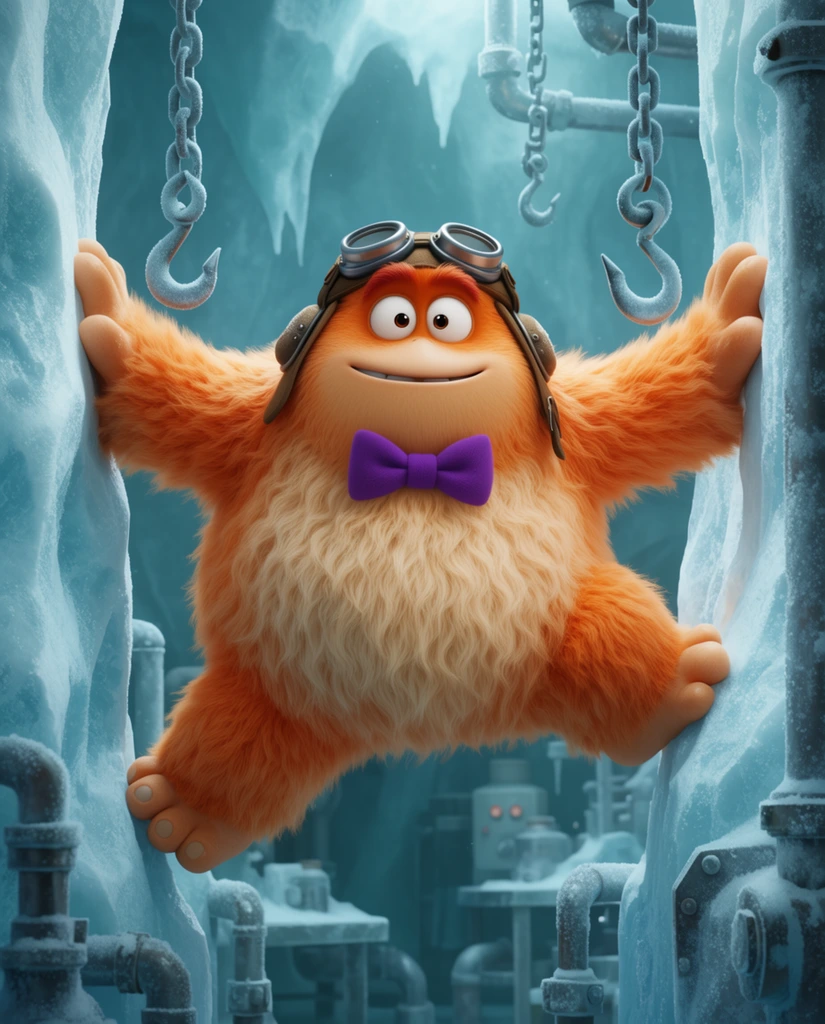 round fluffy orange yeti creature wearing a purple bowtie and aviator goggles, awkwardly suspended between two towering ice pillars, frozen subterranean laboratory environment, frosted metal pipes, hanging frost-covered steel chains and hooks, cinematic 3D CGI animation style, cool teal lighting, highly detailed fur textures, comedic predicament, volumetric lighting
