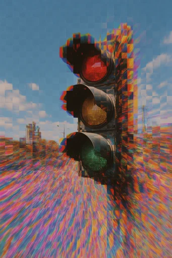 Fragmented Neon Surrealism style reference image — chromatic aberration