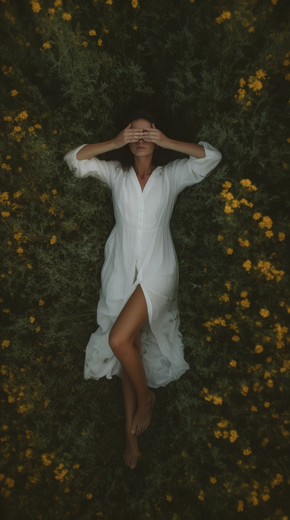 top-down aerial view of a barefoot woman lying in a dense field of dark green foliage and bright yellow wildflowers, wearing a flowing white button-up dress with a high leg slit, hands covering her eyes, moody earthy color palette, soft diffused natural lighting, cinematic photography