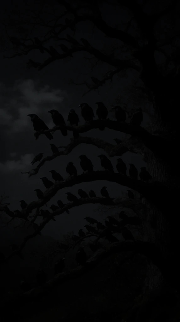dark silhouettes of ravens densely clustered on gnarled tree branches, large crows perched tightly together, massive old tree trunk dominating the right side, thick twisting limbs extending horizontally, pitch-black night setting, faint wispy clouds against a dark grey sky, extremely low-key lighting, eerie cinematic composition, monochromatic dark palette, ominous nocturnal atmosphere, high contrast silhouette photography, low exposure