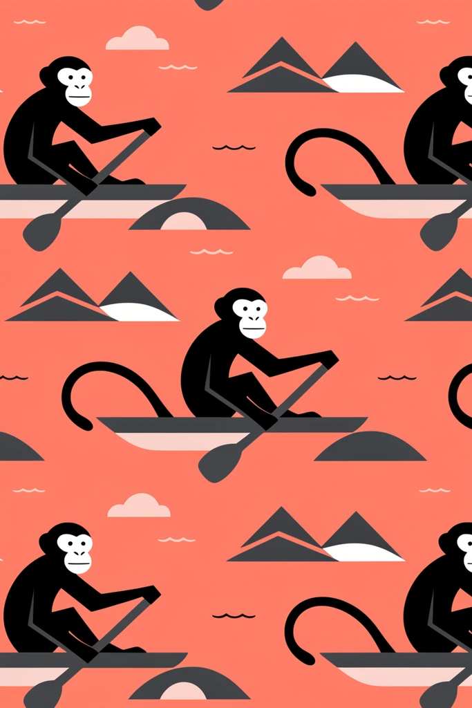 seamless vector pattern, minimalist flat design, coral and dark gray palette, black monkey holding oar, geometric island landscapes, mountain motifs, bold graphic art