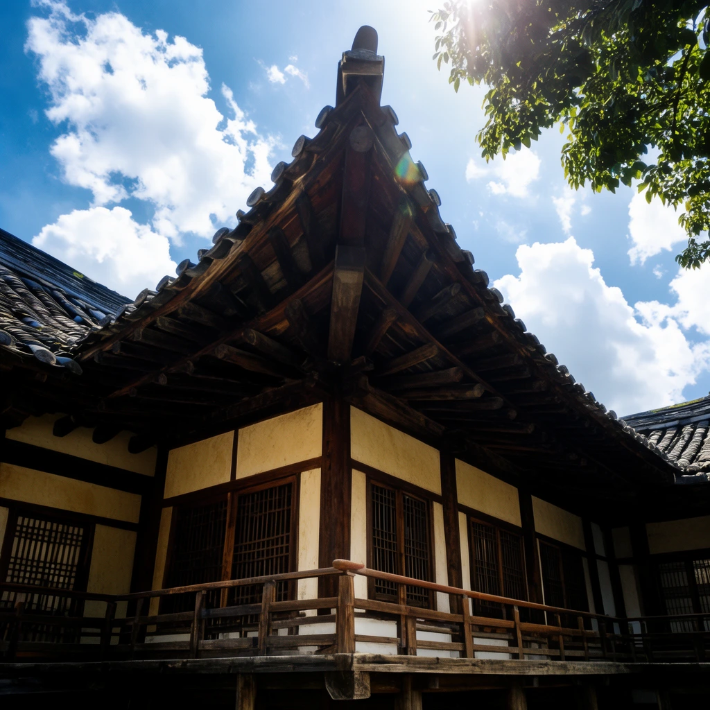 Traditional East Asian wooden architecture, low angle looking up at a sweeping dark tiled roof with curved eaves, exposed dark timber beams framing cream plastered walls, wooden lattice windows, raised wooden veranda with railing, bright blue sky with fluffy white clouds, strong sunlight casting deep shadows under the overhang, sun glare, green tree leaves in upper right corner, high contrast architectural photography