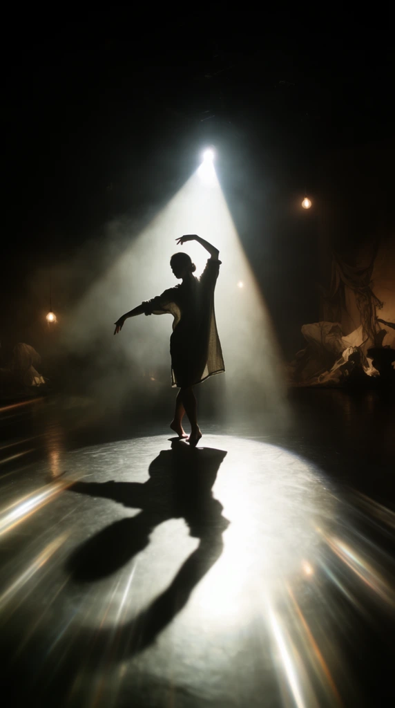 A silhouetted barefoot dancer stands bathed in a blinding white overhead spotlight within a pitch-dark, hazy performance space. The figure holds a graceful pose with one arm curved above the head and the other extended outward, wearing a loose knee-length tunic. An intense diagonal beam of volumetric light cuts through atmospheric smoke, striking a dark reflective stage floor to create a glowing circular pool. A sharp, elongated shadow of the dancer stretches toward the foreground, surrounded by dramatic radial light flares streaking across the lower frame. In the deep background, faint warm-glowing hanging bulbs and dimly lit, fabric-draped sculptural forms rest at the edge of the shadows, emphasizing the striking chiaroscuro composition and cinematic high-contrast lighting.