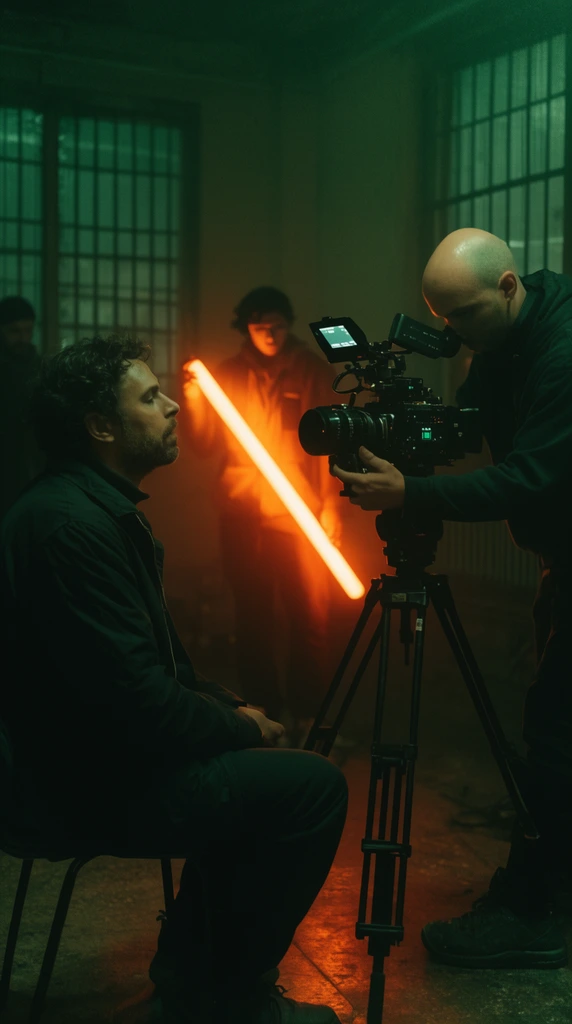 A seated man in a dark jacket is filmed by a bald operator using a tripod-mounted cinema camera. A background crew member holds an orange tube light in a dark room with barred windows, illuminated by contrasting green ambient and warm orange lighting.