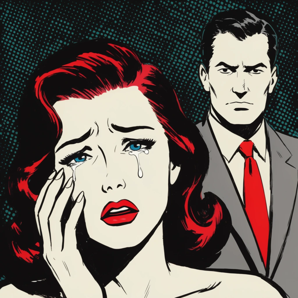 A vintage pop-art illustration features a distressed crying woman in the foreground with a stern man standing behind her against a dark canvas covered in a teal dot-matrix pattern. The pale-skinned woman has bright blue eyes, vibrant red lipstick, and dark hair with bold red highlights. A tear falls down her cheek as she holds her hand near her face in a dramatic gesture of sorrow. In the background, a man with dark hair wears a grey suit and a vivid red tie, staring forward with a serious expression. The artwork employs thick black ink outlines, high-contrast flat shading, and a retro comic book aesthetic limited to a striking palette of black, white, red, and teal.