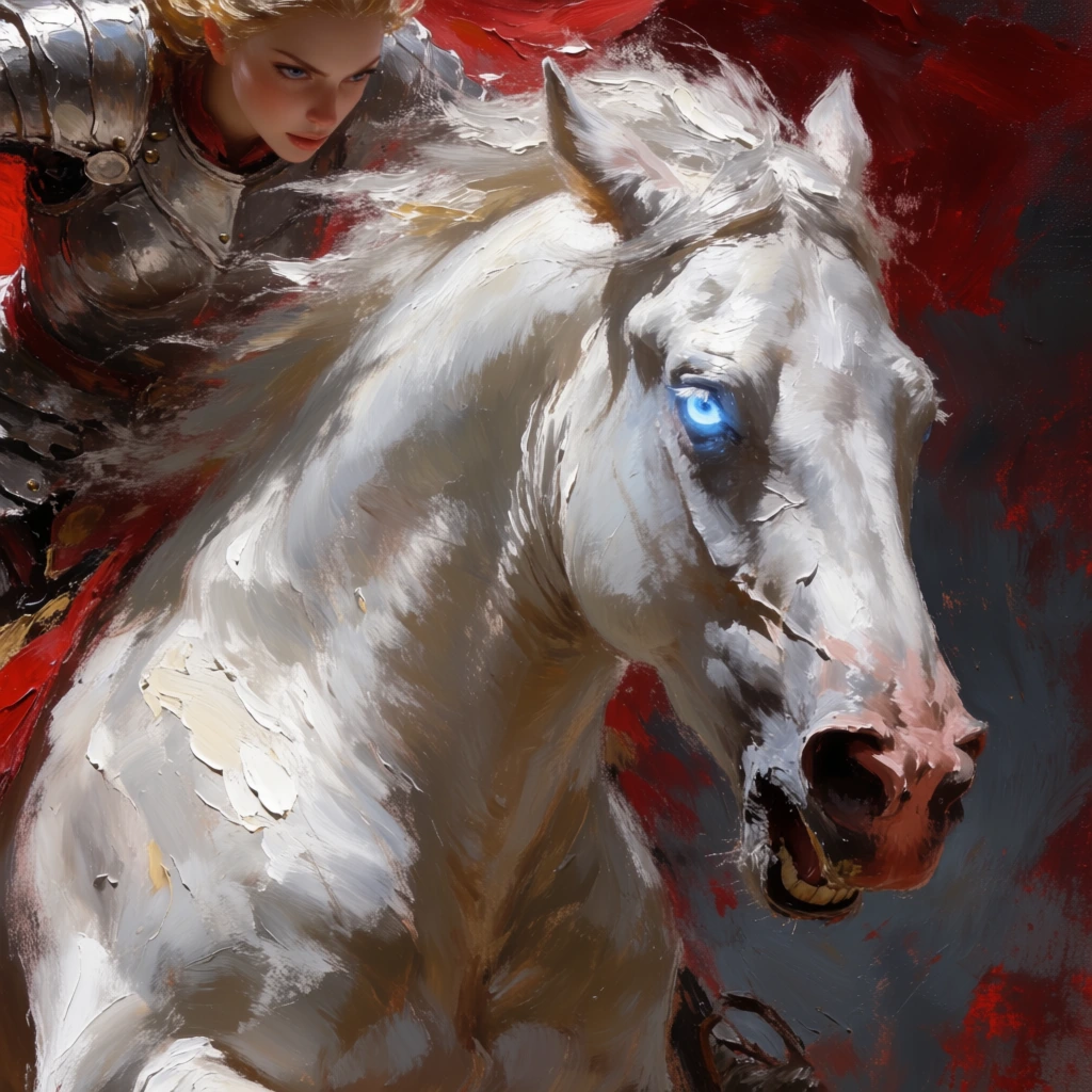 Extreme close-up oil painting of a fierce white stallion in profile, charging forward with an intense glowing ice-blue eye and mouth slightly agape, ears pinned back, partial view of an armored female knight in the top left corner leaning forward, energetic impasto brushstrokes, deep crimson and dark slate abstract background, dramatic chiaroscuro lighting, highly textured canvas, raw dynamic motion