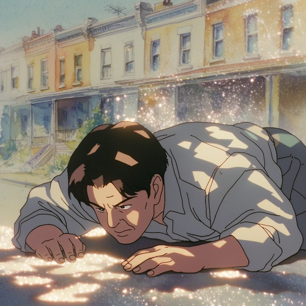 A man crawling low to the ground near a series of attached row houses, rendered in the specific visual language of vintage 1990s hand-drawn Japanese cel animation. The crawling man is depicted with fine, dark, hand-inked contour lines and colored with flat, two-tone cel shading characterized by sharp, graphic demarcations between illuminated areas and hard-edged, geometric shadows. The row houses and the surrounding street environment form a soft, watercolor-textured background defined by muted, warm pastel washes of pale ochre, soft blue, and faded earth tones, contrasting with the crisp foreground character. Dappled sunlight strikes the scene, casting high-contrast, distinct shapes of light over the man's body and the ground. The entire composition features a soft optical bloom, a warm atmospheric glow, and a dense cluster of sparkling, stippled white light particles drifting through the most heavily illuminated areas, all unified by a subtle, consistent layer of vintage film grain.