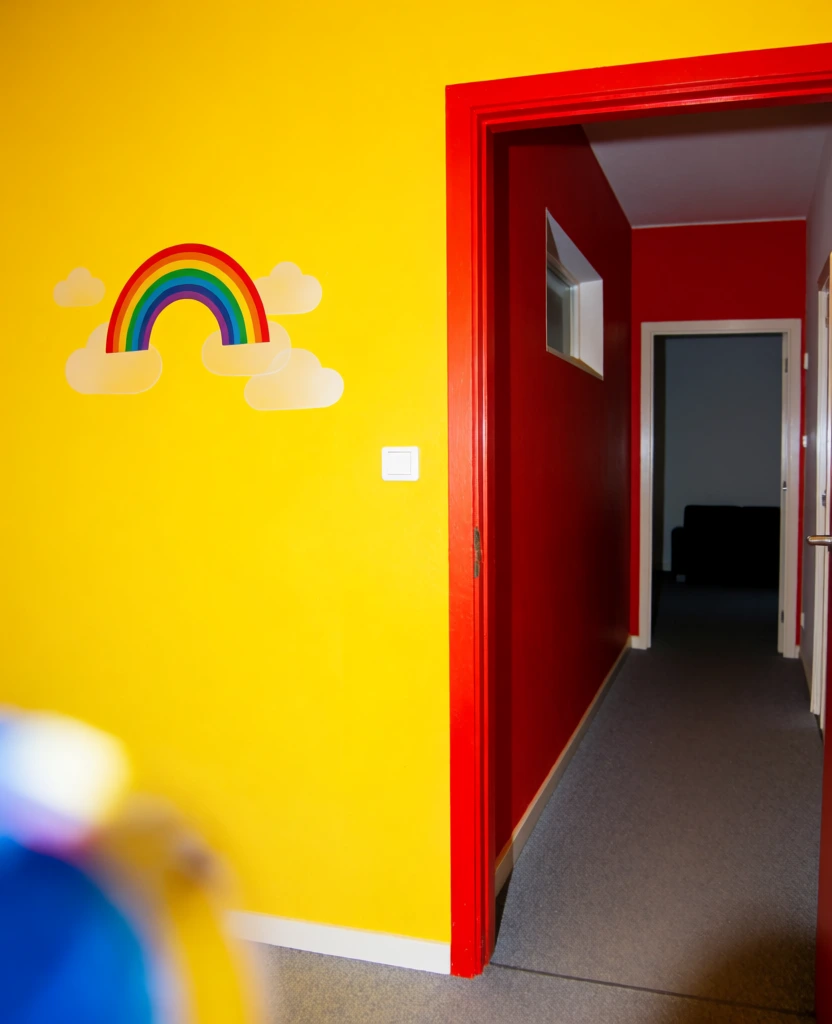 A bright yellow wall features a small, arched rainbow decal with red, orange, yellow, green, blue, and purple stripes, flanked by three translucent white cloud shapes. To the right of this wall is a vibrant red-painted doorway that opens into a long, dimly lit hallway with grey carpeting. A small, white rectangular light switch is mounted on the yellow wall near the red door frame. In the bottom left foreground, a blurry, out-of-focus shape with blue and yellow tones appears close to the camera. The red doorway leads past a red wall towards a white door frame further down the hall, which reveals a darkened room containing a black, rectangular object resembling a couch. A small, high rectangular window is set into the red wall above the hallway entrance. The lighting is uneven, with the yellow wall brightly illuminated while the hallway recedes into shadows, creating a stark contrast. The image is captured from a slightly low eye-level perspective with a wide-angle lens, and the colors are saturated and primary.