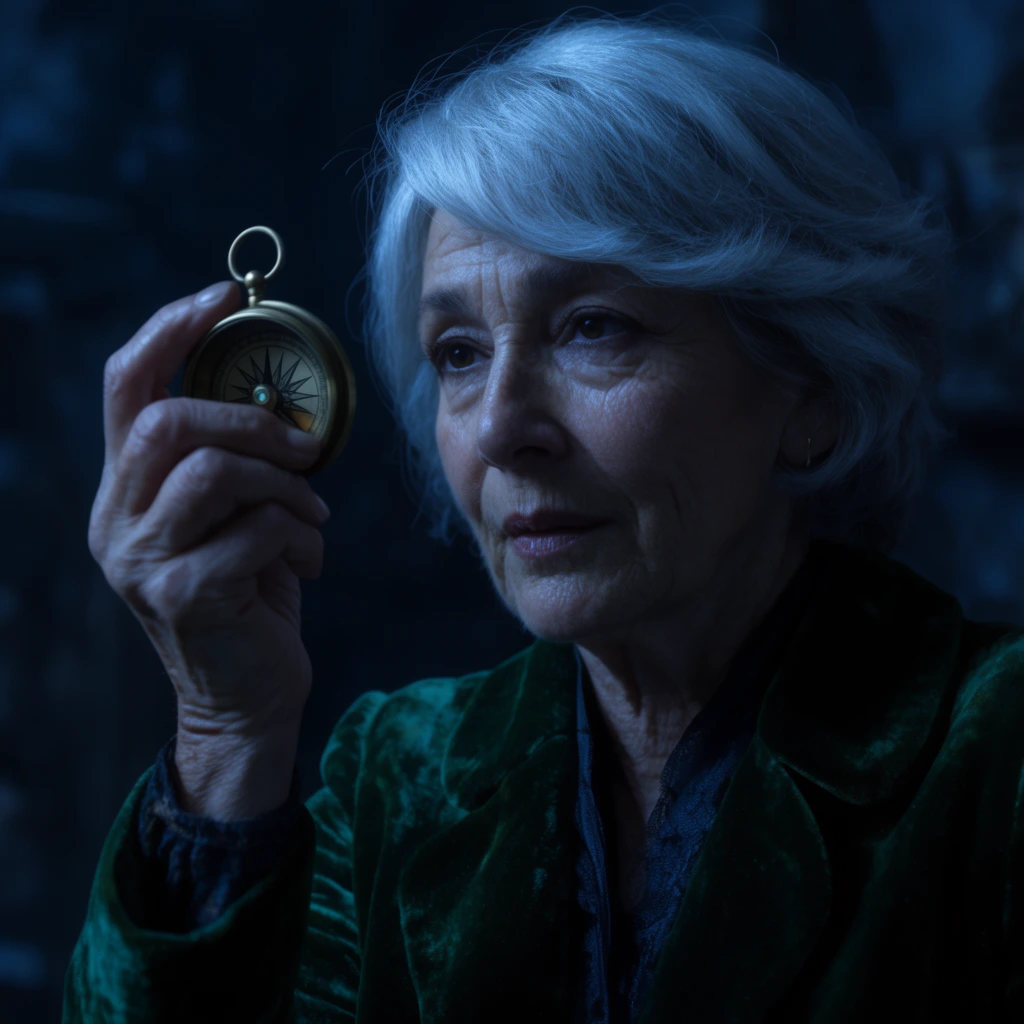 older woman with short silver hair, emerald green velvet coat, examining a small brass compass in her raised hand, dark cinematic lighting, deep dramatic shadows, cool blue ambient tones, close up portrait