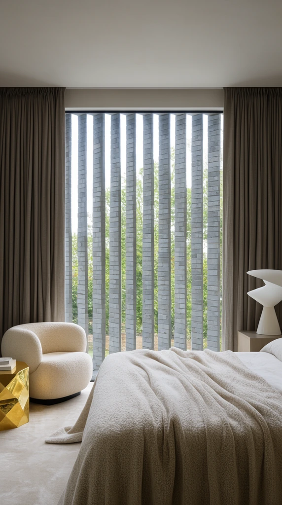 A minimalist bedroom interior featuring a large window screened by vertical grey brick louvers. Heavy taupe curtains flank the glass, revealing green trees outside. A bed draped with a textured beige blanket anchors the foreground. A rounded cream bouclé armchair sits beside a shiny geometric gold side table on the left. A sculptural white table lamp rests on the right nightstand. Soft diffused daylight illuminates the neutral color palette.