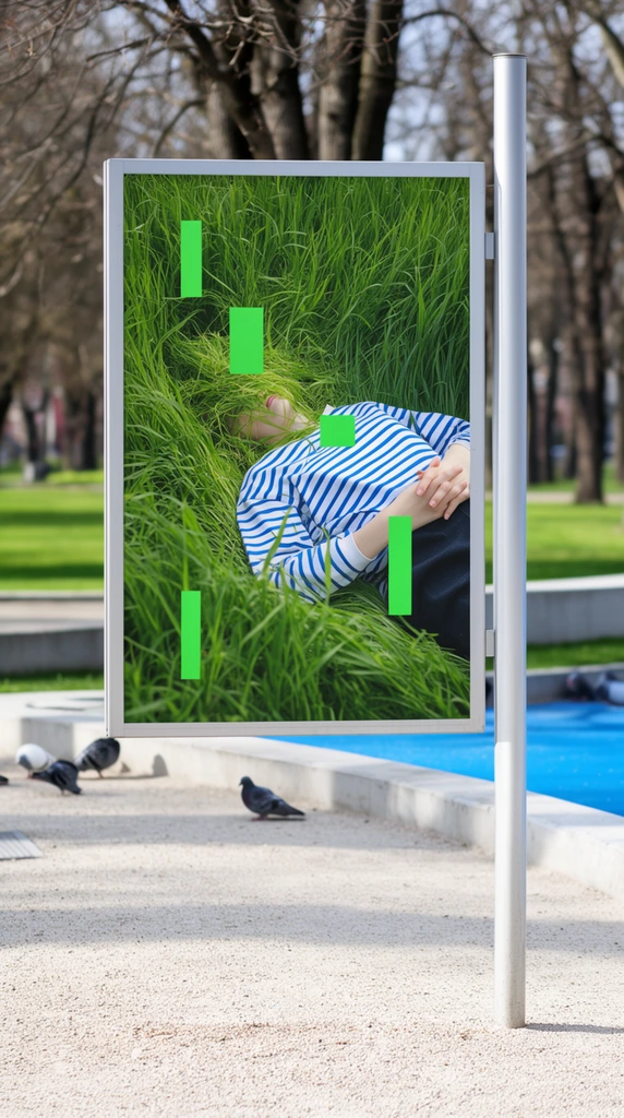freestanding outdoor display board in a sunny park, poster featuring a figure lying supine in vibrant green grass wearing a blue and white striped shirt, face obscured by grass, floating neon green rectangular geometric shapes overlaid on the scene, silver pole, light gravel pathway with pigeons, low concrete wall, bare tree trunks, blurred background of green lawns and bright blue surface, shallow depth of field, bright natural daylight, photorealistic
