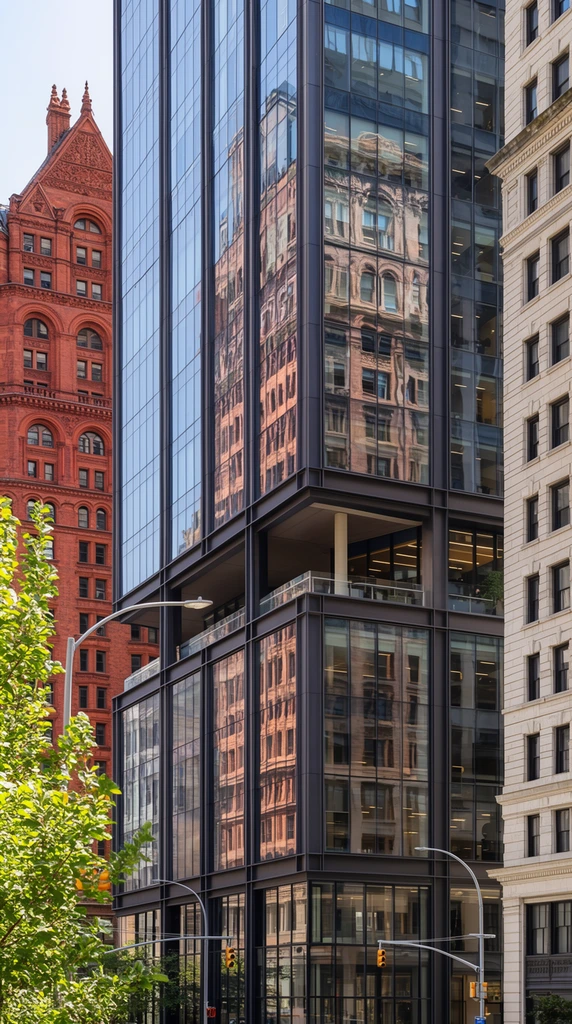 A contemporary skyscraper with a dark metal grid and expansive glass facade stands prominently between historic masonry buildings. The structure's glass panels brilliantly reflect the ornate, arched architecture of an adjacent terracotta high-rise. A distinct open-air recessed terrace wraps around the modern tower's corner, exposing structural columns and warm interior lighting. To the left, a vibrant red brick building features classical detailing and a steep decorative roof, partially obscured by bright green foreground foliage. To the right, a pale stone building contrasts with traditional deep-set windows. Curved street lamps and traffic signals populate the lower frame. The crisp architectural photography captures the urban juxtaposition with natural daylight, deep depth of field, and precise geometric alignment.