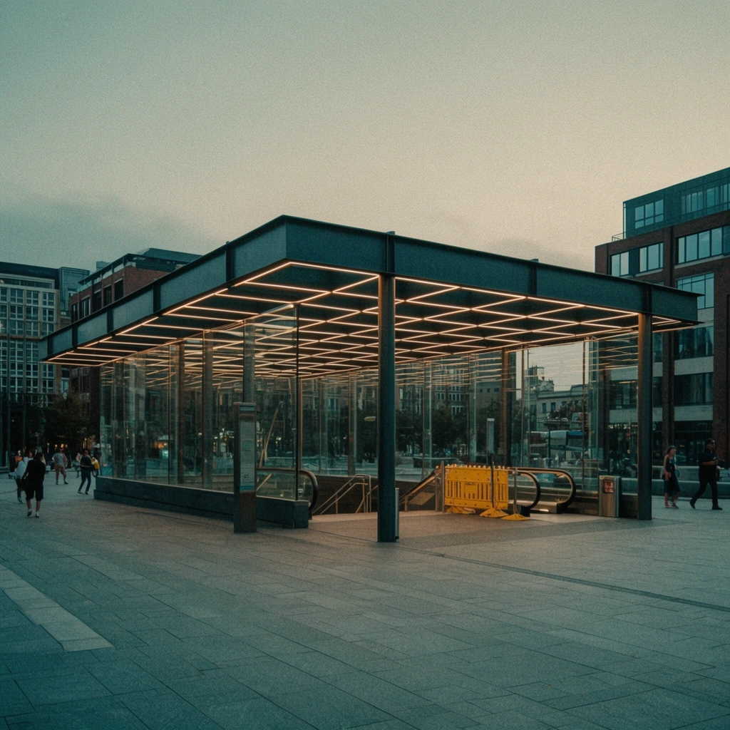 A modern glass and steel underground transit pavilion sits on an expansive paved plaza under a muted twilight sky. The rectangular structure features a flat overhanging roof supported by dark pillars, with a striking grid of warm linear lights illuminating its underside. Transparent walls enclose the descent, revealing stairs, escalators, and a yellow construction barrier. A few scattered pedestrians stroll across the large grey stone tiles. Multi-story brick and glass buildings frame the background. The architectural photography showcases a cinematic, grainy film texture and a desaturated color palette, contrasting the cool cyan shadows of the urban environment with the warm geometric glow of the canopy.