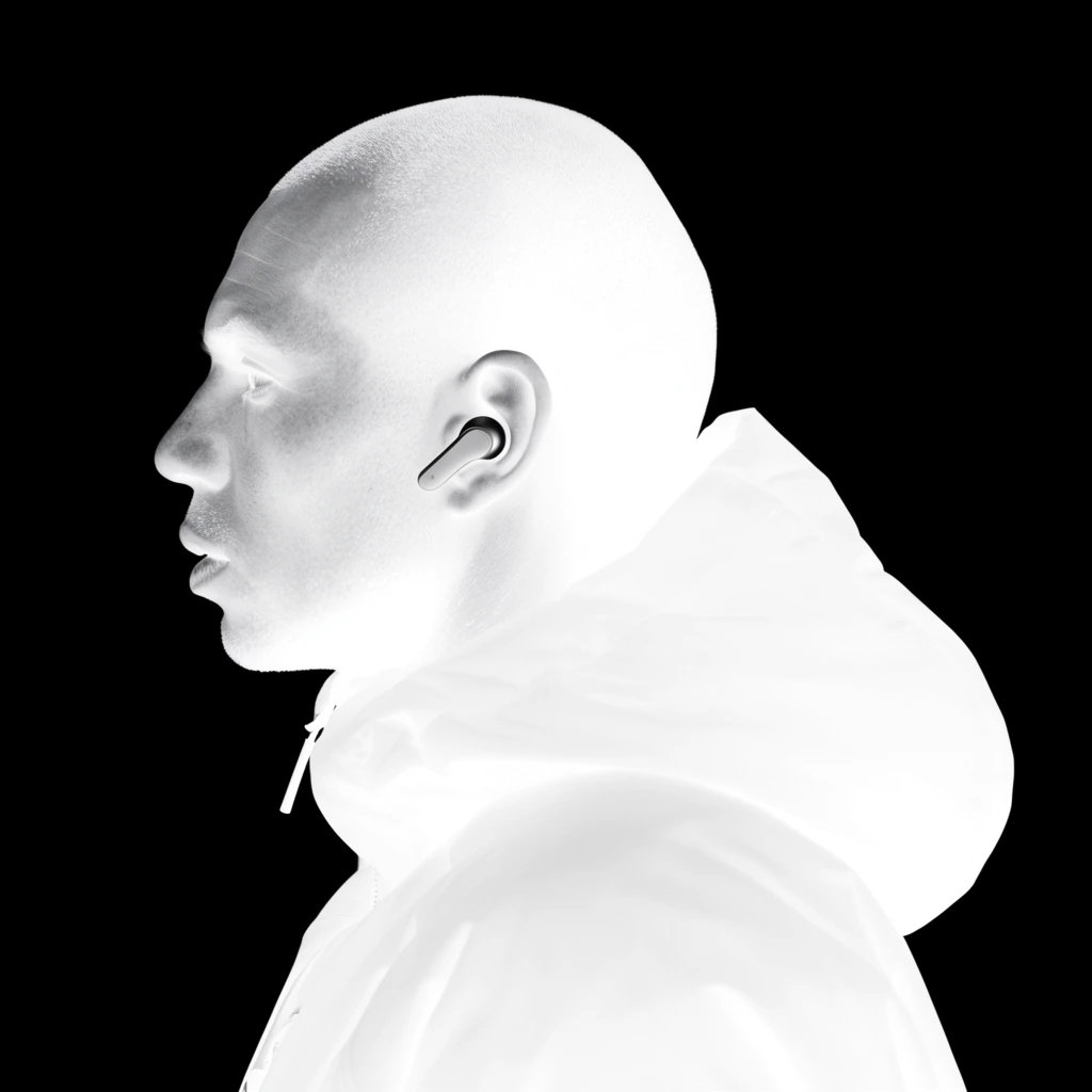 high-contrast profile portrait of a bald man facing left, pure white figure against a solid black background, inverted negative effect, subtle grayscale shading defining facial features, wearing a wireless winged earbud and bulky hooded jacket, minimalist monochrome composition, stark graphic styling