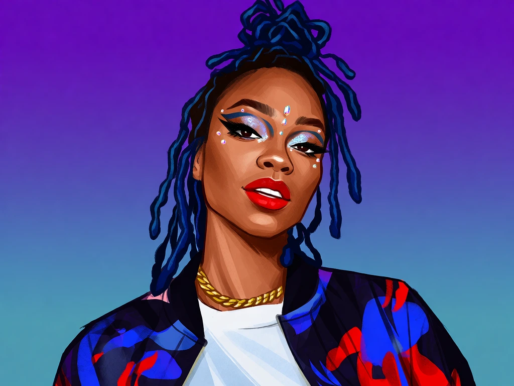 stylish woman with blue dreadlocks and glitter makeup, digital portrait, bold vibrant urban vibe