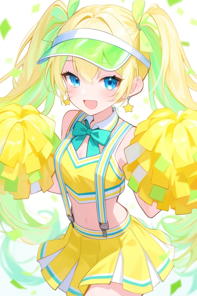 energetic anime girl in a yellow and white cheerleader outfit, holding large fluffy yellow pom-poms, long blonde twin tails with green tints, translucent green sun visor, bright blue eyes, teal bow tie, striped suspenders, pleated skirt, star earrings, falling green confetti, white background, vibrant pastel palette, bright lighting
