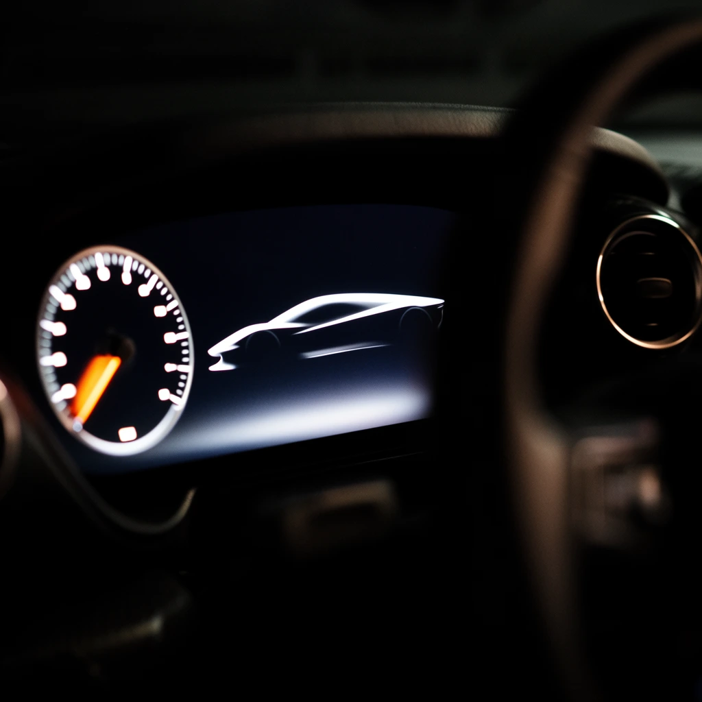 A glowing sports car dashboard illuminated within a pitch-black interior. A left-aligned analog gauge features a bright orange needle and crisp white indicator marks. The central digital display shows a luminous white silhouette of an aerodynamic vehicle profile. A shadowed circular air vent with a subtle metallic rim sits on the right, accompanied by a heavily blurred steering wheel in the extreme foreground. The high-contrast composition uses a shallow depth of field to isolate the radiant instrumentation against deep shadows.