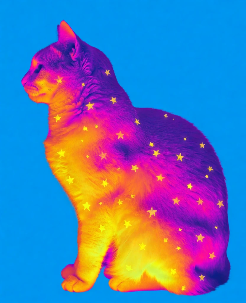 profile of a cat with stars scattered across its fur sitting by a fence, high-contrast thermal imaging aesthetic, vibrant cyan blue background, feline silhouette rendered in neon yellow and fiery orange with magenta shadows, heavy film grain texture, analog stippled noise, posterized gradients, minimalist composition, experimental photography style, sharp silhouette against a solid matte backdrop, intense saturation, vintage heat map effect, glowing highlights, grainy texture