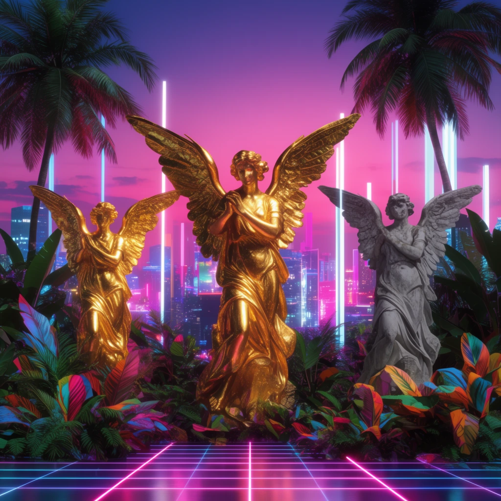 Three classical winged angel statues stand among vibrant tropical plants and palm trees. The central and left figures gleam in gold, while the right is grey stone. Behind them is a neon-lit synthwave city skyline under a pink-and-purple gradient sky. The scene blends traditional sculpture with retro-futuristic vaporwave aesthetics, featuring glowing vertical light pillars and a neon grid floor.