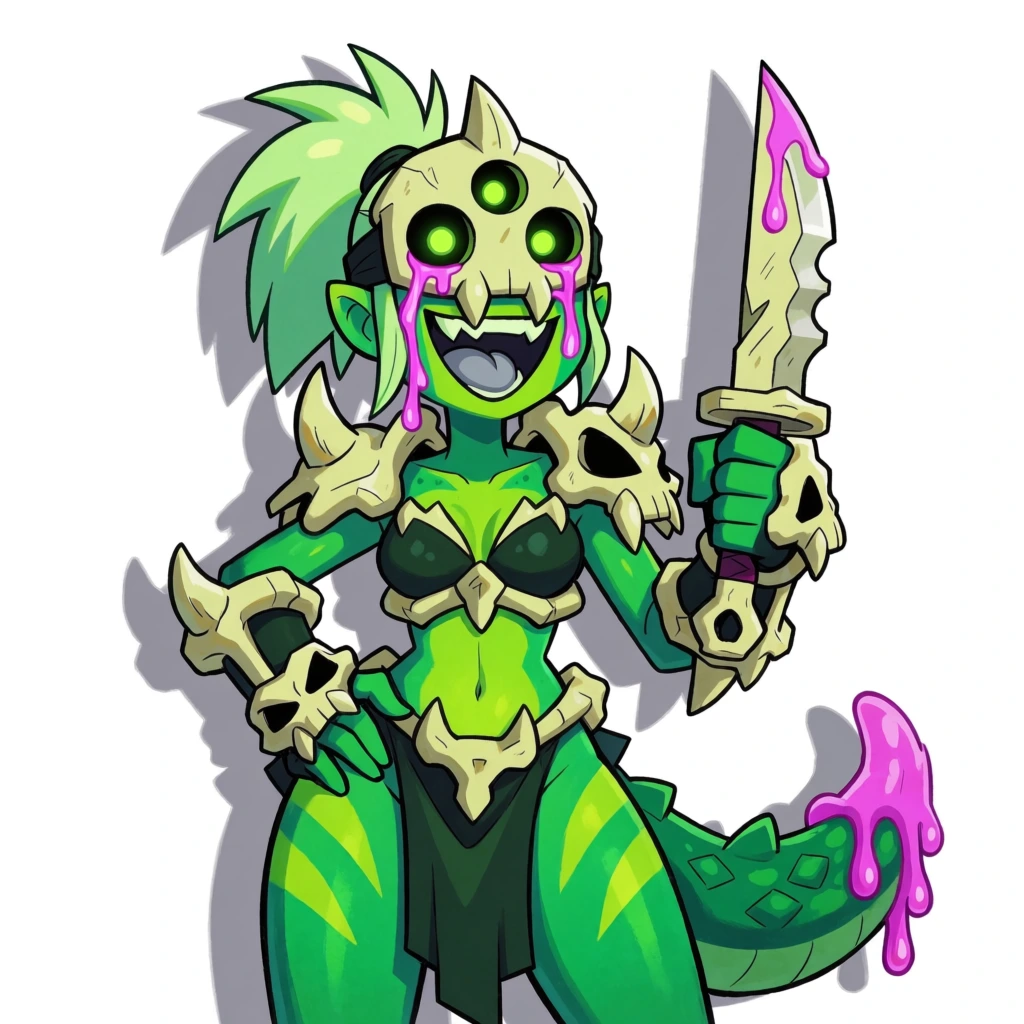 A vibrant green humanoid character with bone-like armor and a large blade poses confidently against a plain white background. The character has multi-toned green skin with lime highlights and darker emerald shadows, featuring lime green markings on her thighs. She wears a pale yellow, skull-like mask with three glowing green circular eye slits, from which thick, viscous pink liquid drips down her cheeks. Her mouth is open in a wide, sharp-toothed grin, revealing a grey tongue. Spiky light green hair tied back in a ponytail complements her monstrous appearance. Her attire consists of pale yellow bone armor, including horned shoulder pads and skull-shaped gauntlets, along with a dark green loincloth. Her right hand rests firmly on her hip while her left hand holds a large, serrated, bone-colored knife upright, which is stained with the same bright pink liquid. A thick, scaly green tail tipped with a heavy coating of dripping pink slime extends from behind her. The character is centered in the frame, rendered in a digital 2D illustration style with thick, clean black outlines and cell shading. A soft grey drop shadow follows her silhouette to the left, providing depth against the stark white void. The color palette is a high-contrast mix of acidic greens, bone yellows, and neon pink accents.
