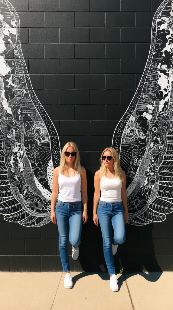 Two blonde women posing against a black brick wall, massive white line-art mural of intricate wings, wearing sunglasses and blue jeans, bright sunlight, hard cast shadows