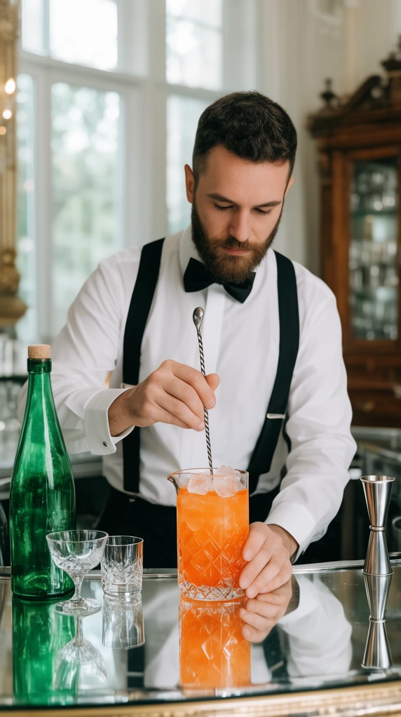 A bearded bartender wearing a white shirt, black bow tie, and suspenders stirs an orange ice-filled cocktail in a cut-glass pitcher. He focuses on the long twisted spoon above a reflective mirrored bar counter. Surrounding tools include a green glass bottle, small glassware, and a silver jigger. The brightly lit upscale room features blurred large windows and an antique wooden cabinet, captured with high-end lifestyle photography and a shallow depth of field.