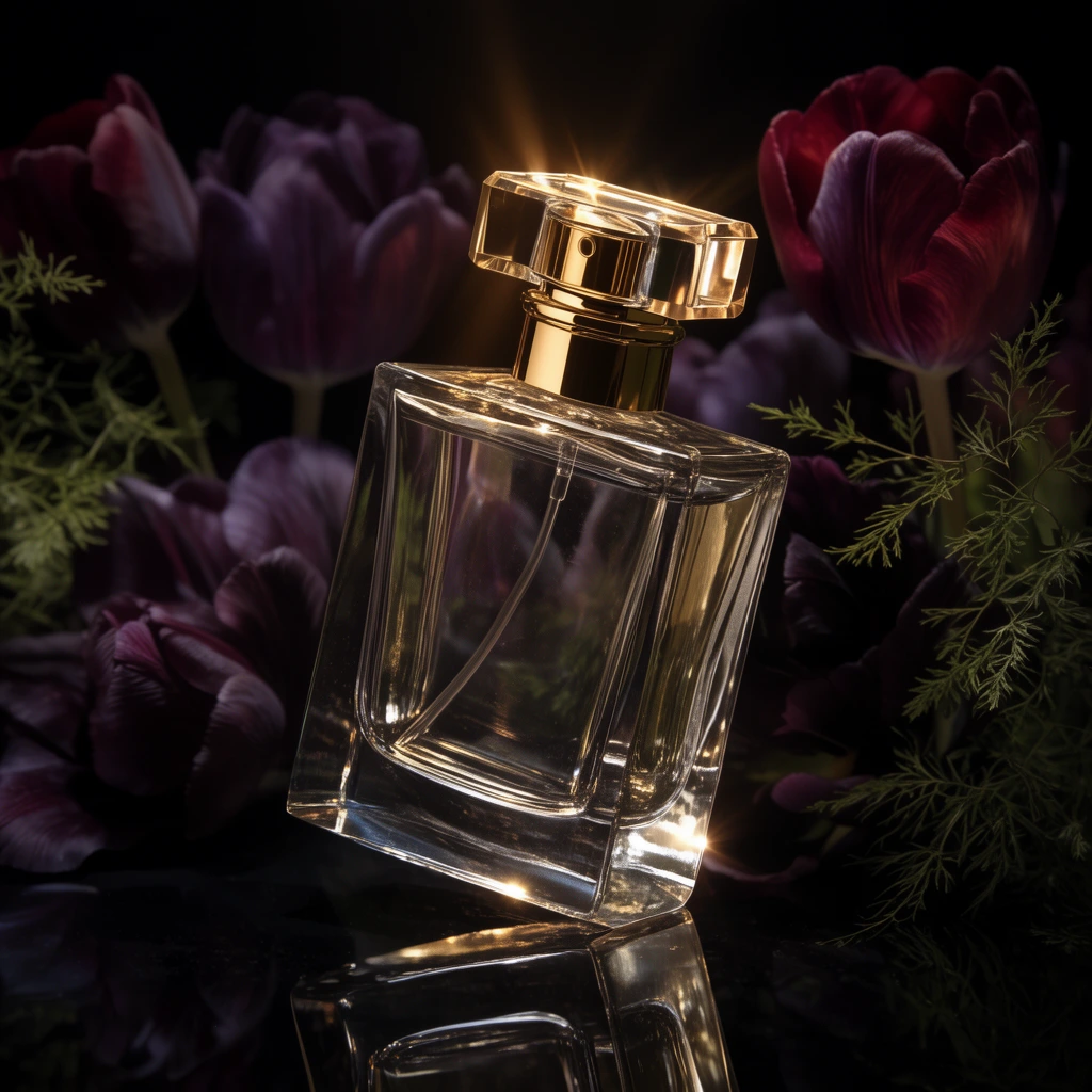 Rectangular glass perfume bottle with faceted gold cap, tilted on dark glossy surface, moody floral background of dark purple and maroon tulips, delicate green foliage, cinematic low-key lighting, golden lens flare, deep black backdrop, sharp reflection, high-end product photography