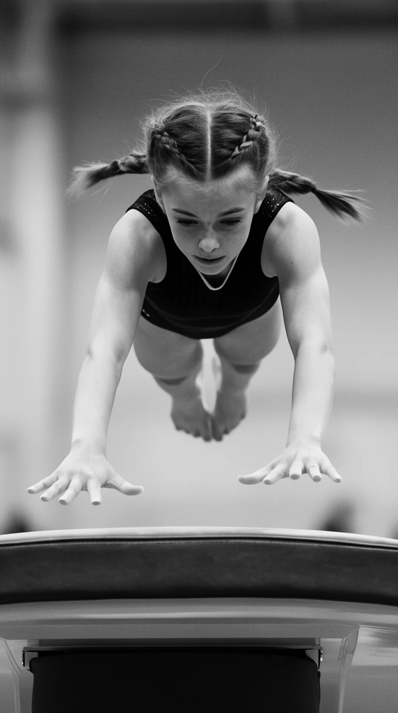 A young gymnast frozen mid-air above a vaulting table in a high-contrast black and white photograph. She wears a dark sleeveless leotard, displaying intense focus with braided hair trailing from the motion. Her arms extend downward with splayed fingers reaching for the curved, padded apparatus below. A shallow depth of field blurs the background into smooth gradients, isolating the crisp dynamic action and forward momentum of the leaping athlete.