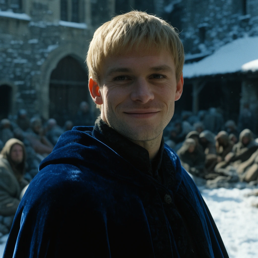 Close-up cinematic portrait of a clean-shaven man with short blonde hair smiling softly, wearing a heavy dark blue velvet cloak. He stands in a snowy medieval courtyard with out-of-focus figures huddled in the background. Cool winter daylight, shallow depth of field, sharp facial details, dramatic shadows, film grain.