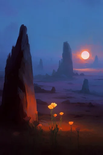 Celestial Solitude Landscapes style reference image — retro-futurist atmosphere