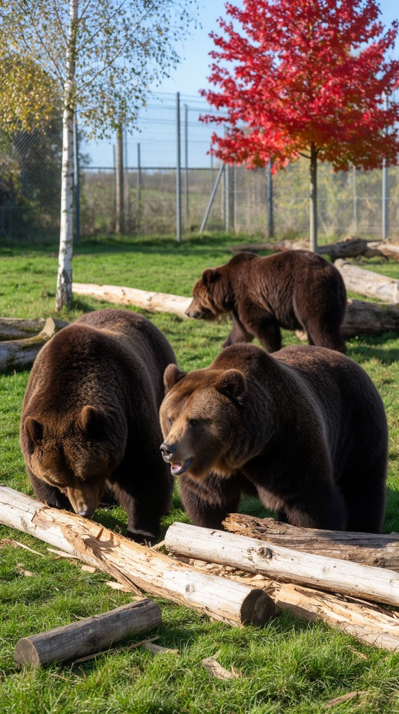 Three large brown bears explore a sunlit grassy enclosure scattered with weathered wooden logs. In the foreground, a prominent bear stands over pale, stripped timber with its mouth slightly open, while a second bear to the left lowers its massive head to forage. A third bear walks away in profile in the midground. The animals feature thick, coarse dark brown fur illuminated by bright natural daylight. The vibrant green pasture contains a white-barked birch and a tree displaying brilliant crimson autumn foliage. A tall chain-link fence spans the background under a clear blue sky. Captured in high-resolution photography, a medium depth of field sharply focuses the rough textures of the fur and bark against the softly blurred boundaries of the habitat.