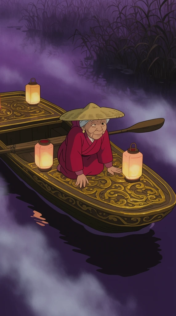 An elderly fisherwoman in a crimson tunic kneels on a gilded wooden skiff gliding through a misty purple marsh. Wearing a wide-brimmed straw hat, she leans on the carved deck surrounded by glowing paper lanterns. Pale fog drifts over deep violet waters and silhouetted reeds. Rendered in 2D traditional animation style with clean cel-shaded linework and a cinematic high-angle perspective.