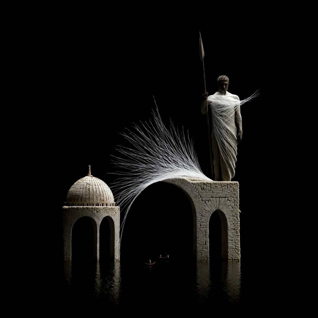 minimalist composition against an infinite black void, massive stone city arches and weathered domes rising from dark glass-like water, dramatic high-contrast lighting highlighting fine architectural textures, a colossal statue of a man with a spear on the right, two small boats drifting below, monochromatic palette of deep charcoal and bone white, sharp focus on intricate details, ethereal and cinematic atmosphere, bottom-weighted vertical framing.