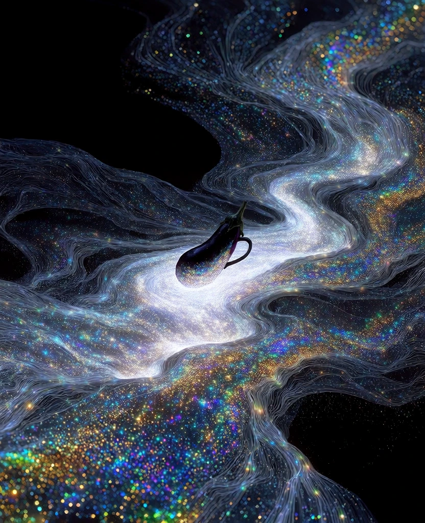 ceramic mug, deep purple eggplant, floating in a cosmic swirl of luminous energy, fluid river of shimmering stardust, intricate neon fibers, iridescent blue and golden light trails, dense clusters of multicolored bokeh, ethereal glow, cinematic high-contrast lighting, deep black void, surreal dreamscape, exquisite detail, shimmering textures, flowing organic lines, cgi masterpiece, evocative and magical atmosphere, ethereal aesthetic, prismatic sparkles, fluid motion paths