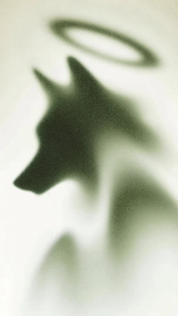abstract silhouette of a horned wolf head in profile facing left with a floating circular halo, rendered in extreme gaussian blur and high-density monochromatic film grain, palette of desaturated moss and sage green against a warm off-white void, stippled stochastic noise texture, ethereal vaporous forms with zero hard edges, soft atmospheric glow, minimalist organic composition, diaphanous gradients, low-fidelity aura aesthetic.