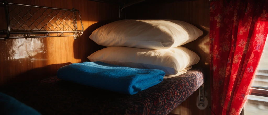 train sleeper cabin interior, stacked white pillows and bright blue towel on dark patterned bunk bed, red floral curtains, glossy wood paneled walls, wire rack, dramatic warm sunlight, deep cinematic shadows